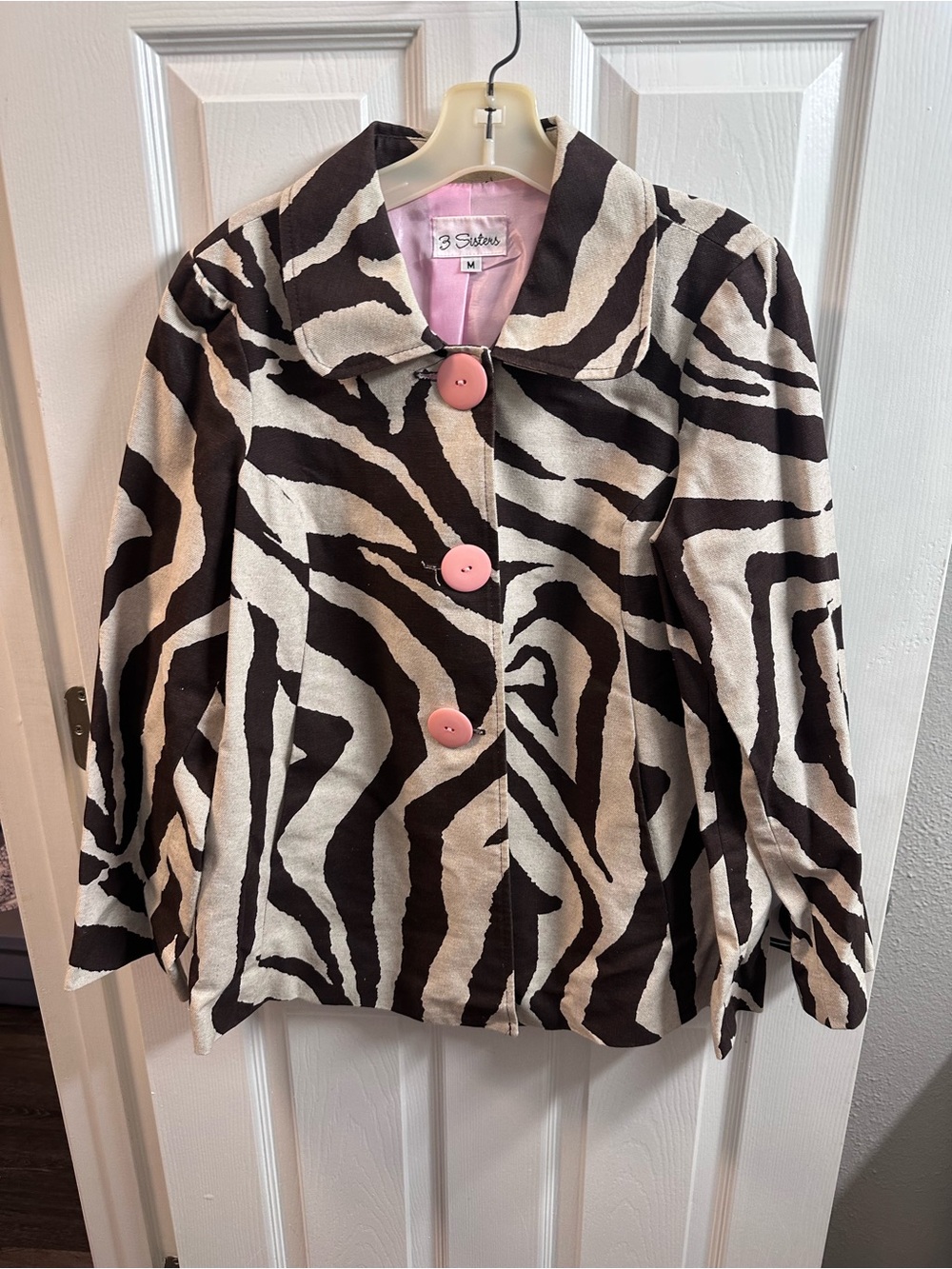 3 Sisters Black and Cream Zebra Print Jacket with Pink Buttons